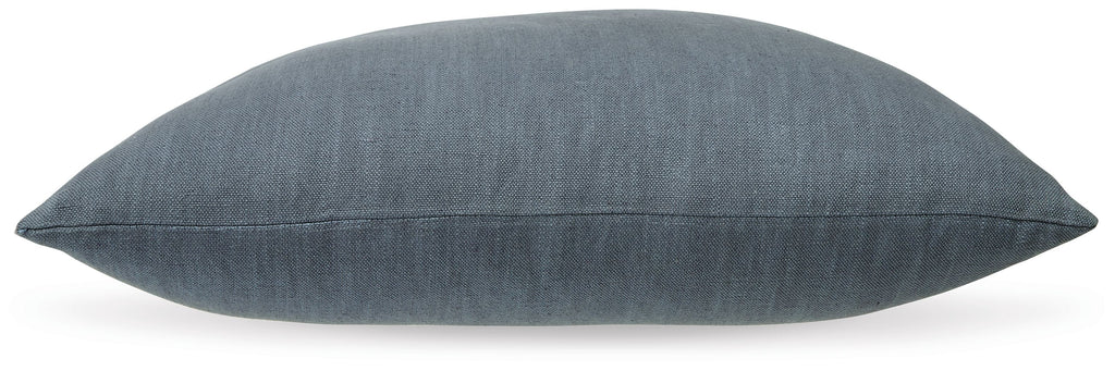 Blue square throw pillow with plain woven texture and stitched edges