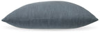 Blue square throw pillow with plain woven texture and stitched edges