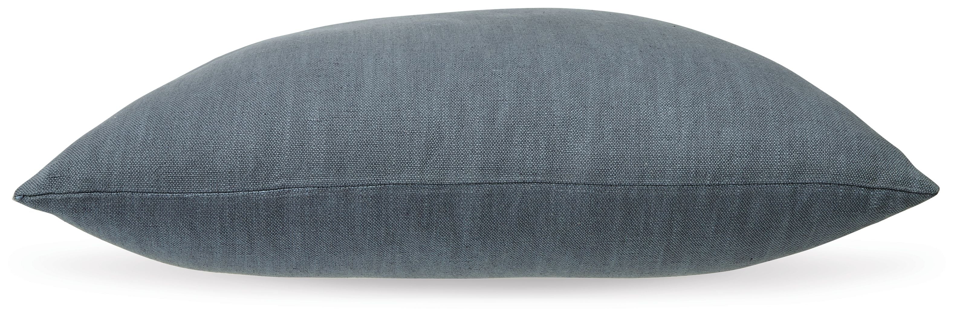 Blue square throw pillow with plain woven texture and stitched edges