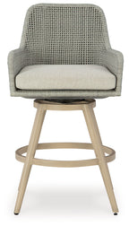 Single bar stool with beige cushion and light gray woven upholstery