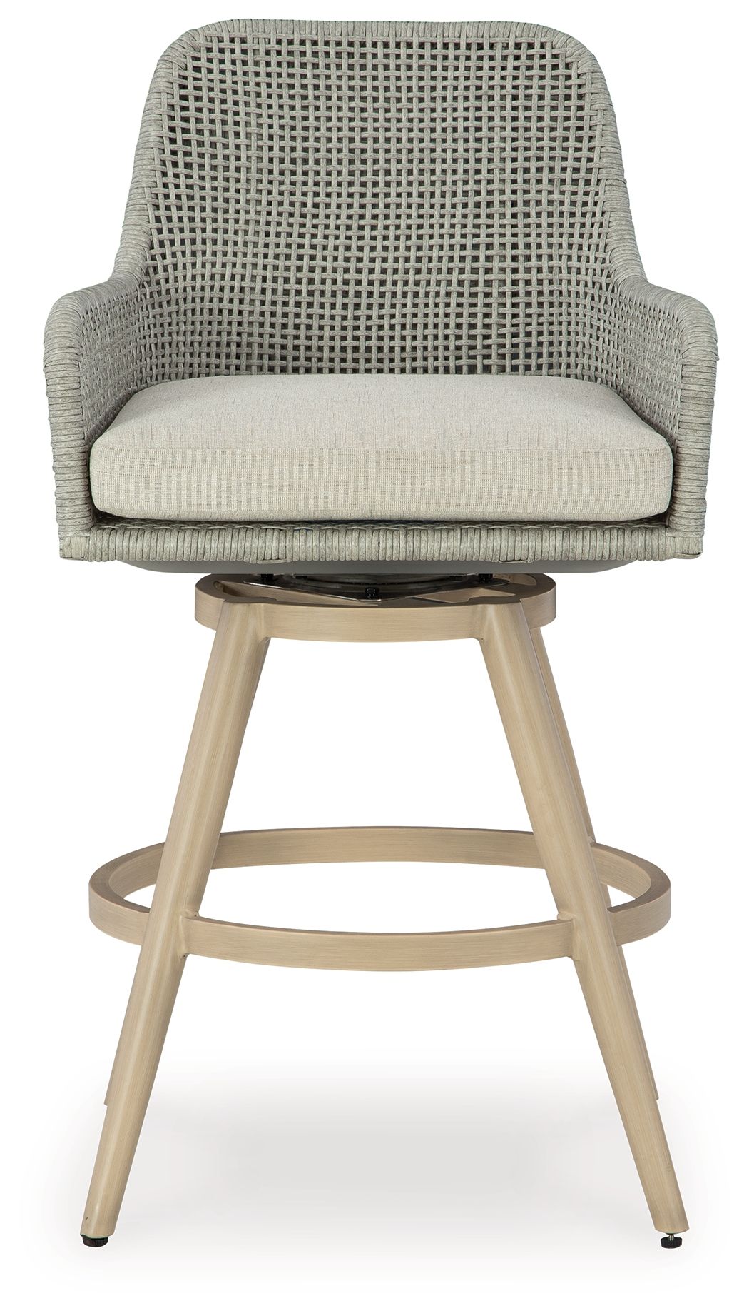 Single bar stool with beige cushion and light gray woven upholstery