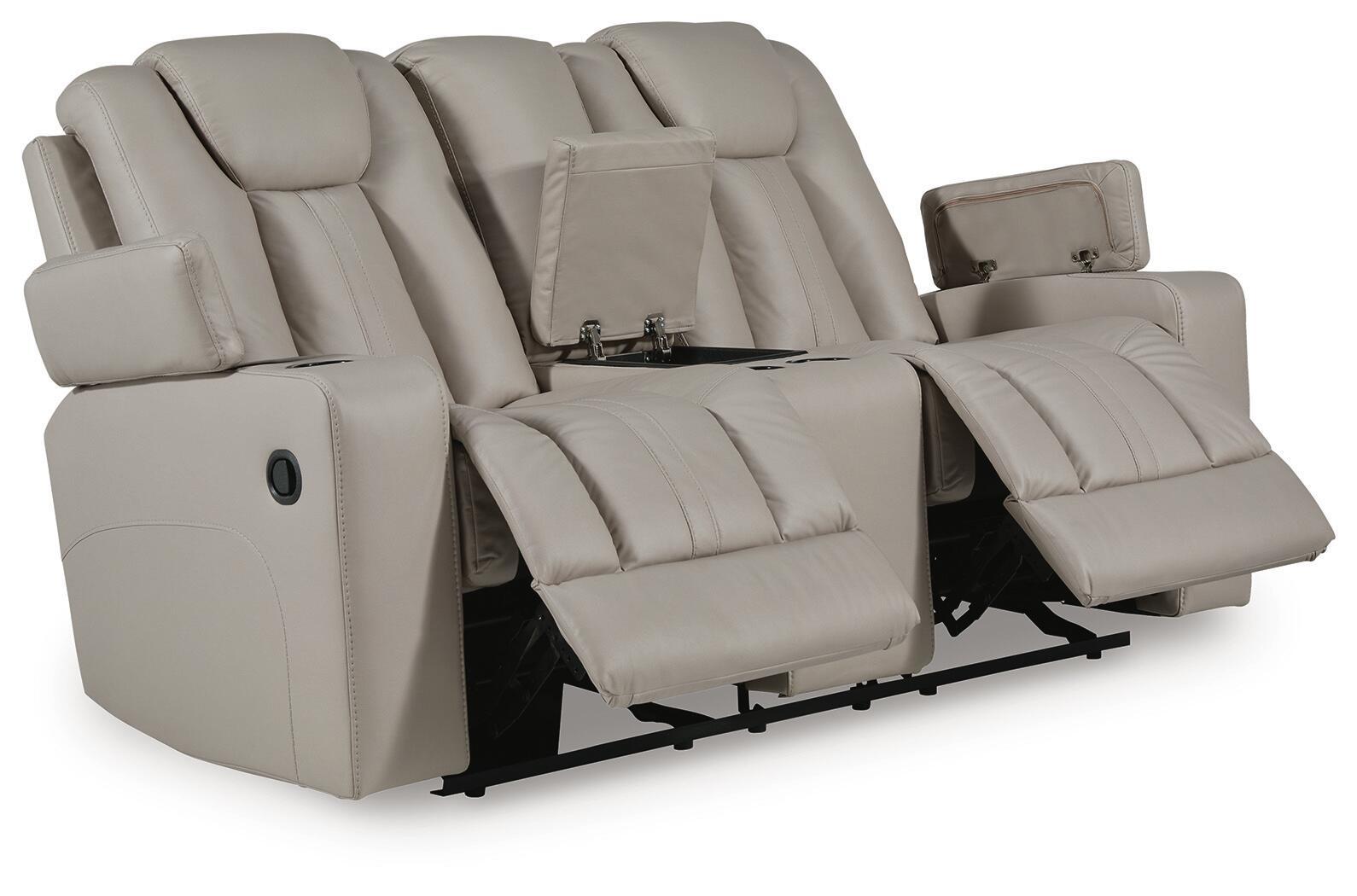 Reclining loveseat with padded armrests and split back cushions, light beige fabric