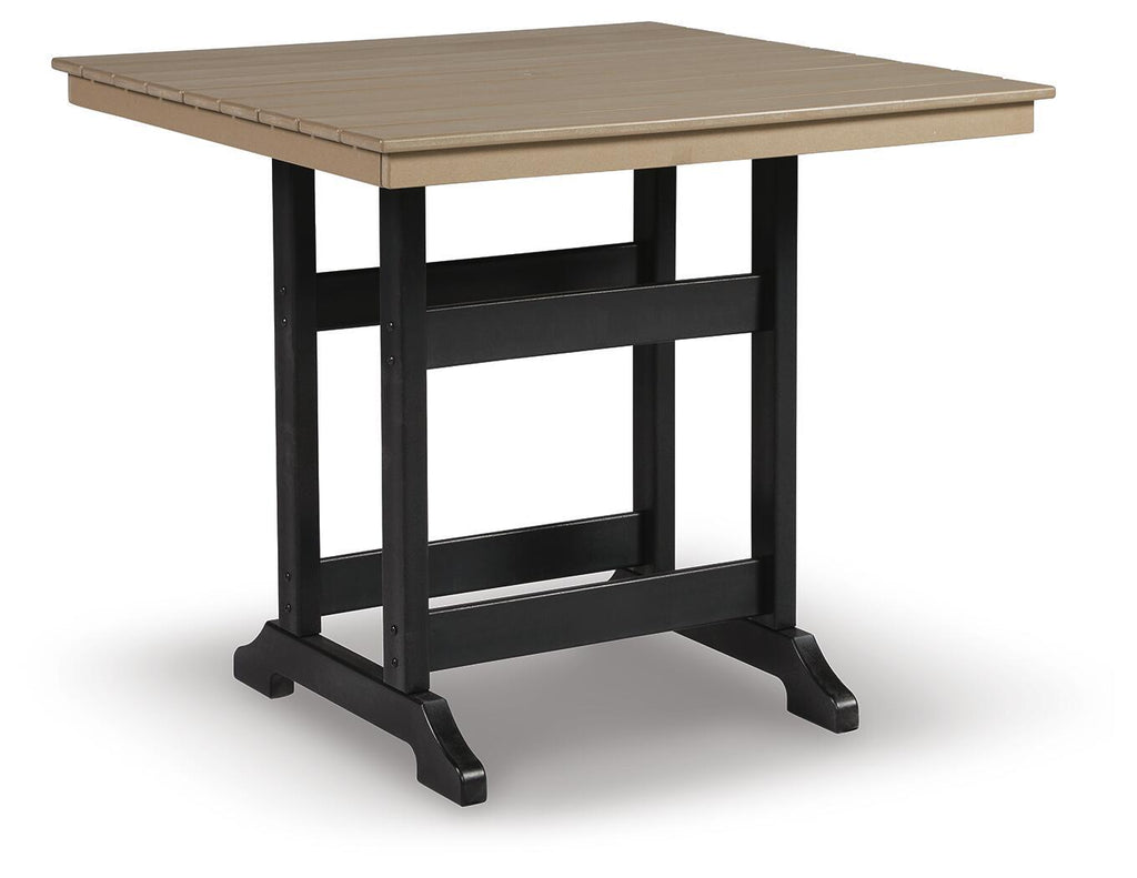Square counter table with light driftwood tabletop and black metal legs