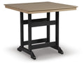 Square counter table with light driftwood tabletop and black metal legs