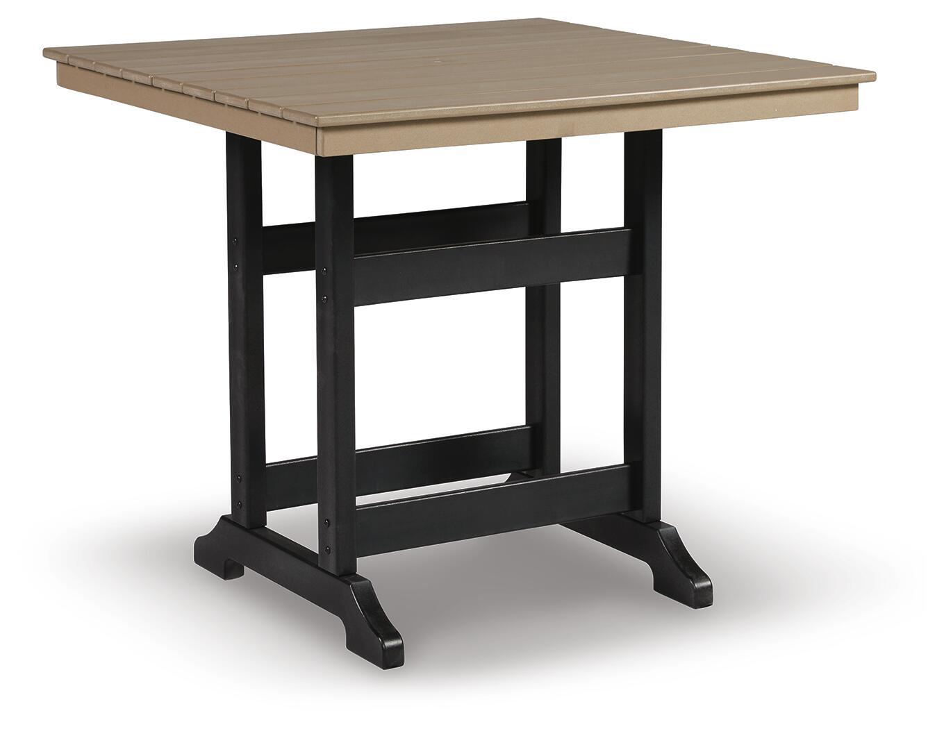 Square counter table with light driftwood tabletop and black metal legs