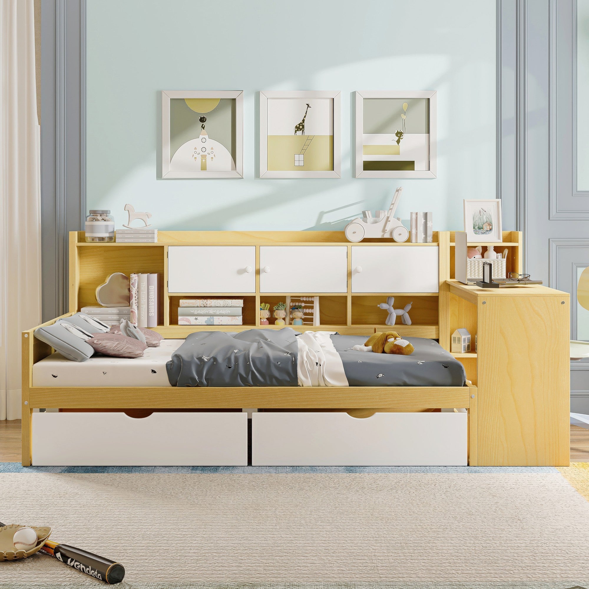 L-Shape Daybed with Storage, Study Desk & Bookshelf - Wooden Multifunctional