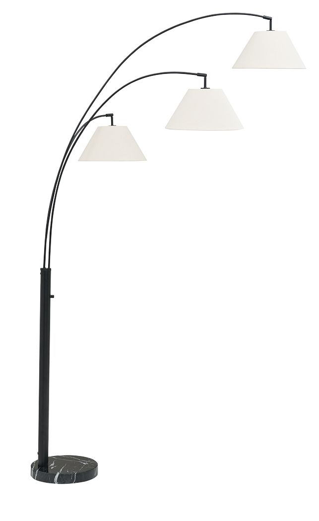 Black metal arc floor lamp with three white fabric shades, side view