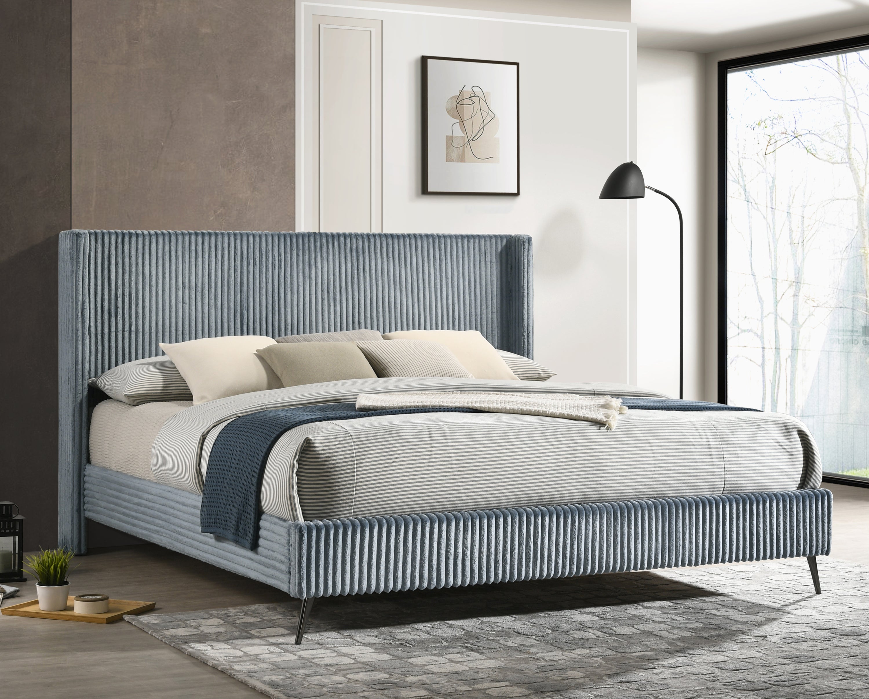 Mavela Blue King Bed: Wide Wale Corduroy Upholstery Panel