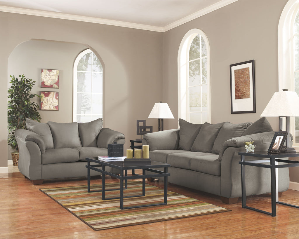 Living room set with light gray sofa and loveseat, square cushions and padded arms