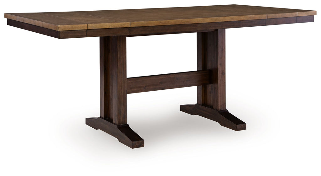 Rectangular counter-height extension table in dark and light brown wood.