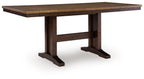 Rectangular counter-height extension table in dark and light brown wood.
