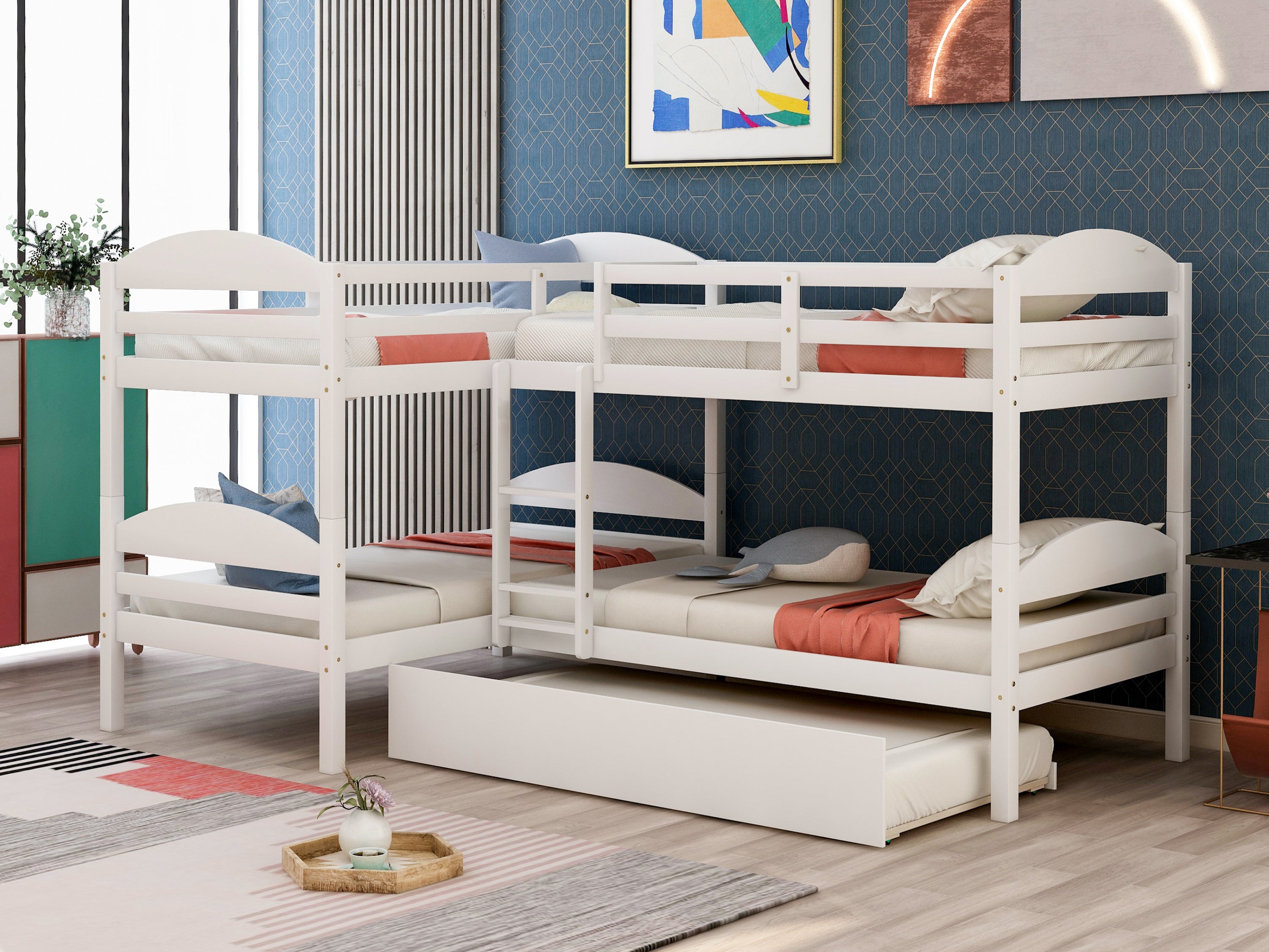 White Twin L-Shaped Bunk Bed with Trundle - Kids Space-Saving Furniture