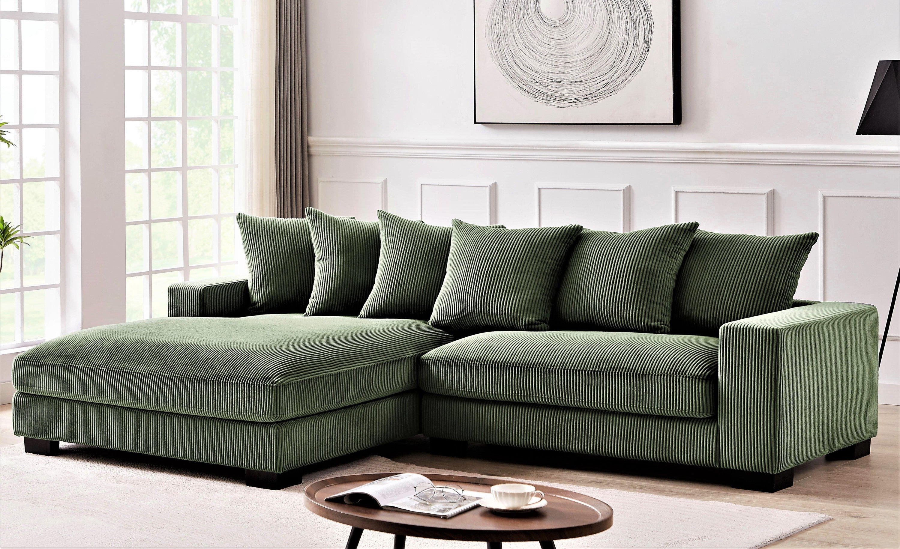 Dark Green Corduroy L-Shaped Sectional Sofa with Chaise