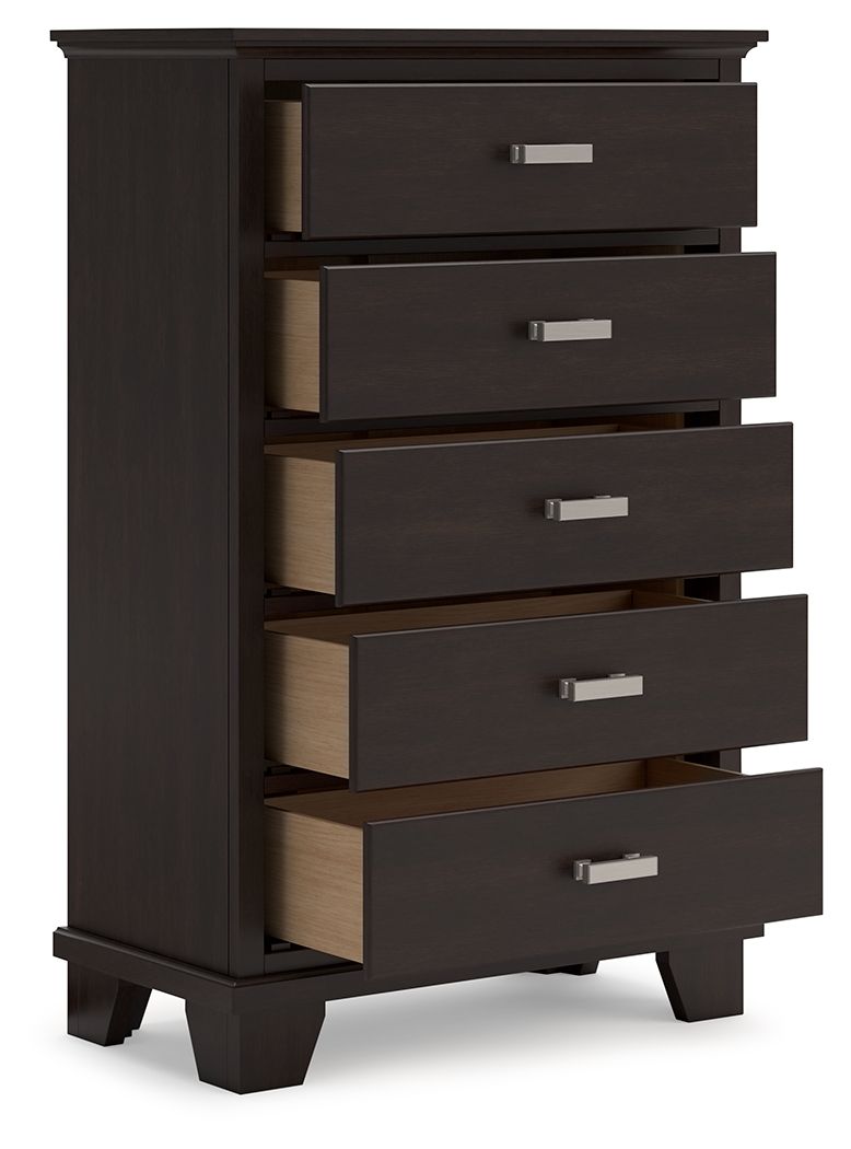 Five-drawer chest with partially open drawers, dark brown exterior, and light wood interiors