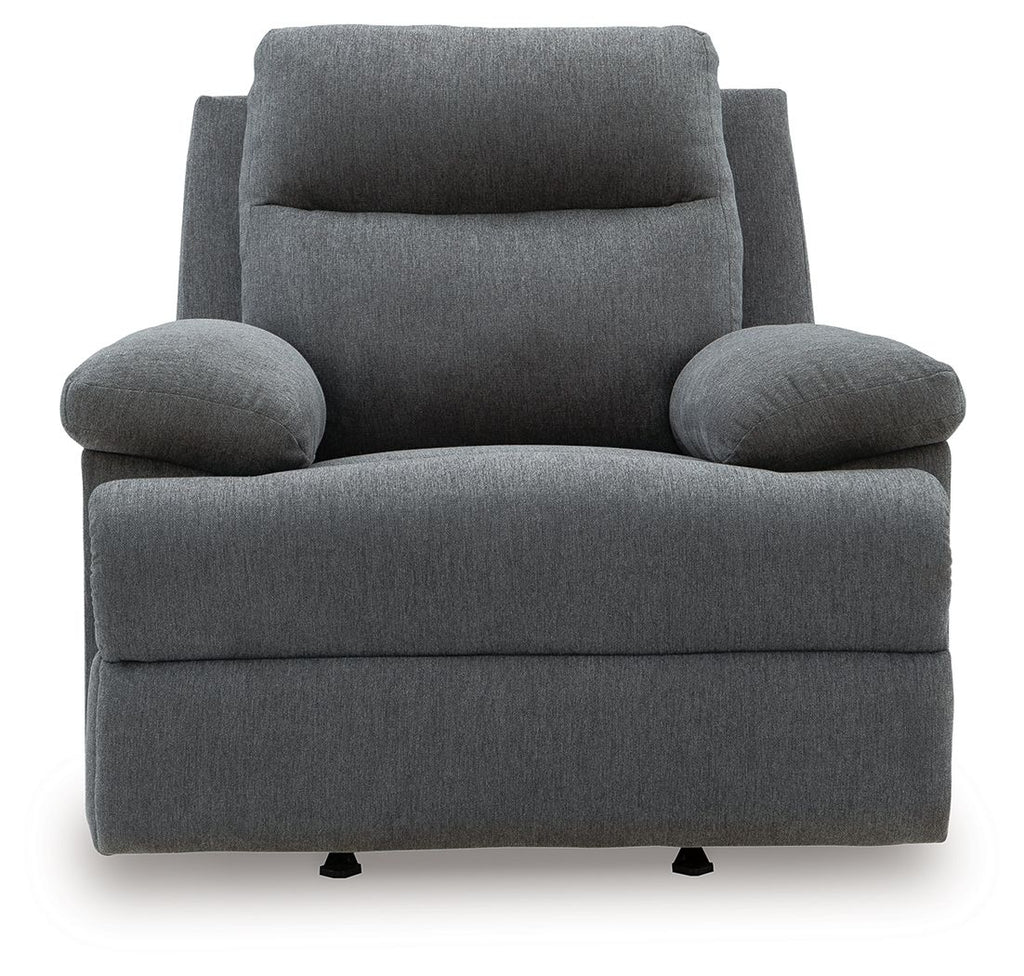 Dark gray reclining armchair with rounded arm pads, tall back cushion, and black feet
