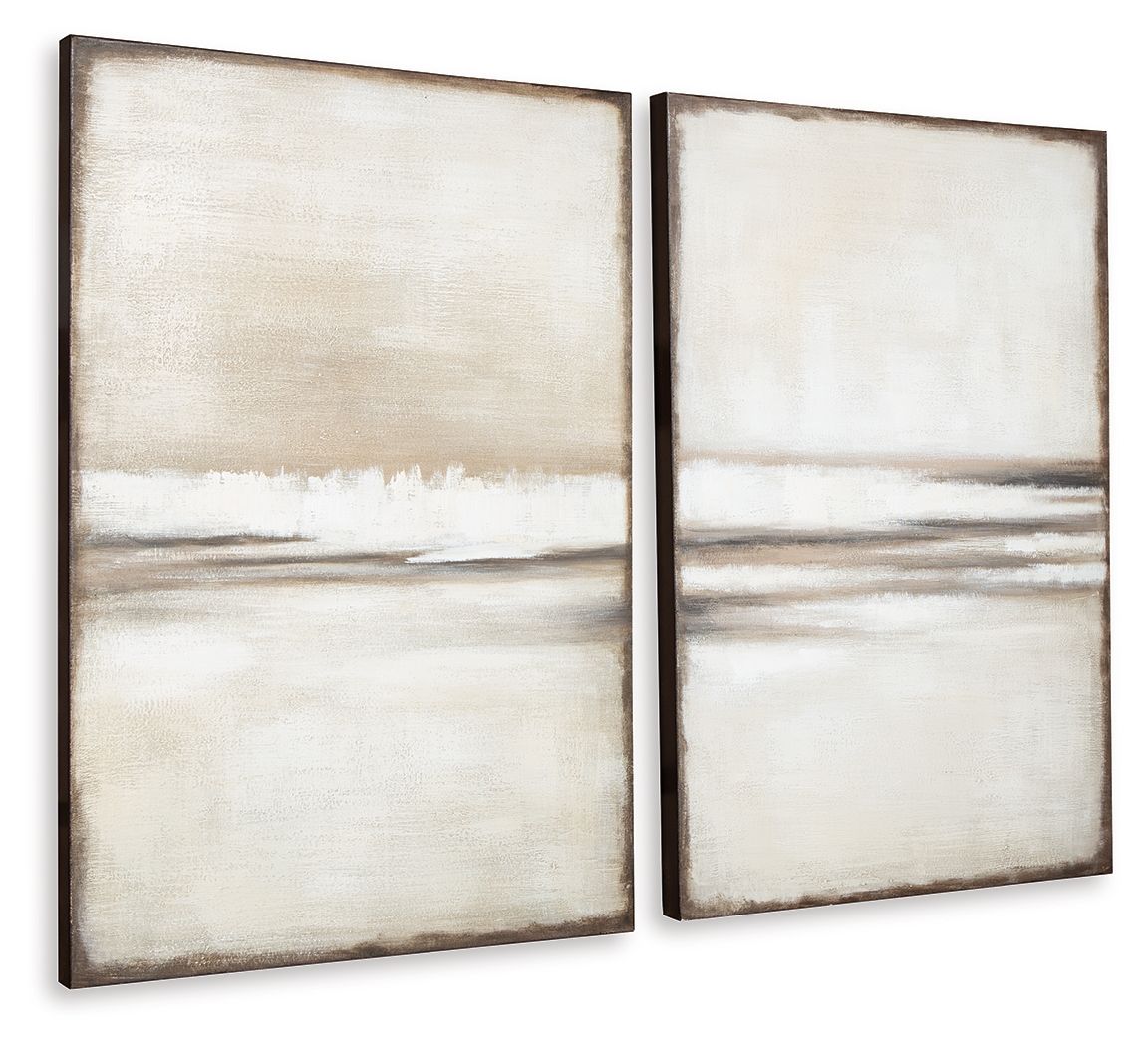 Abstract wall art set of 2, tan and gray canvases with horizontal brush lines and dark frames