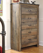 Brown five-drawer chest with metal bar pulls and wide vertical side panel