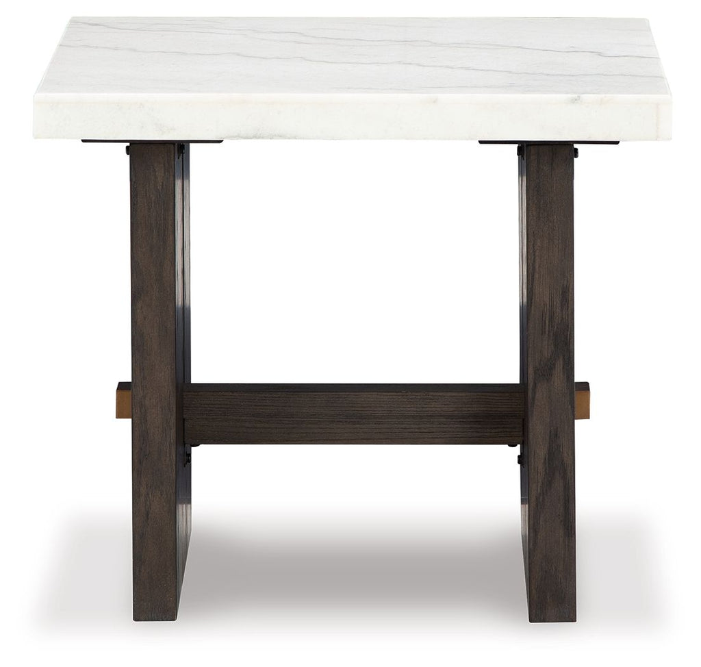 Burkhaus rectangular end table with white marble-look top and dark brown square legs