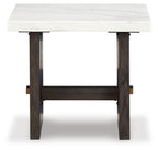 Burkhaus rectangular end table with white marble-look top and dark brown square legs