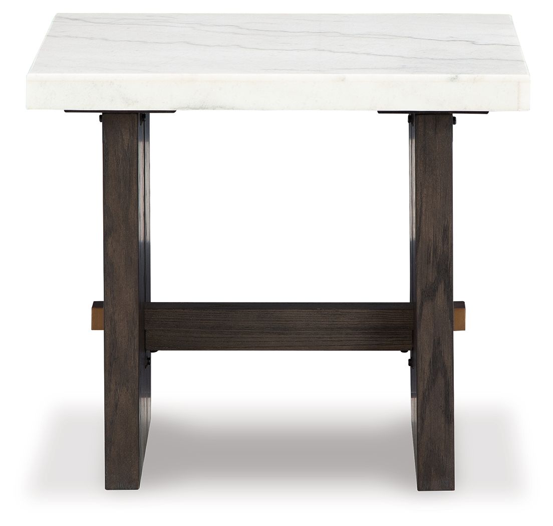 Burkhaus rectangular end table with white marble-look top and dark brown square legs