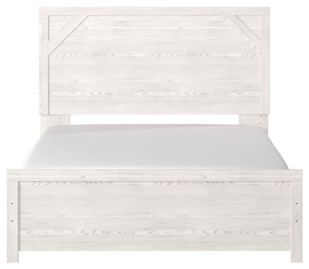 White panel bed frame with wide headboard panel and matching lower panel