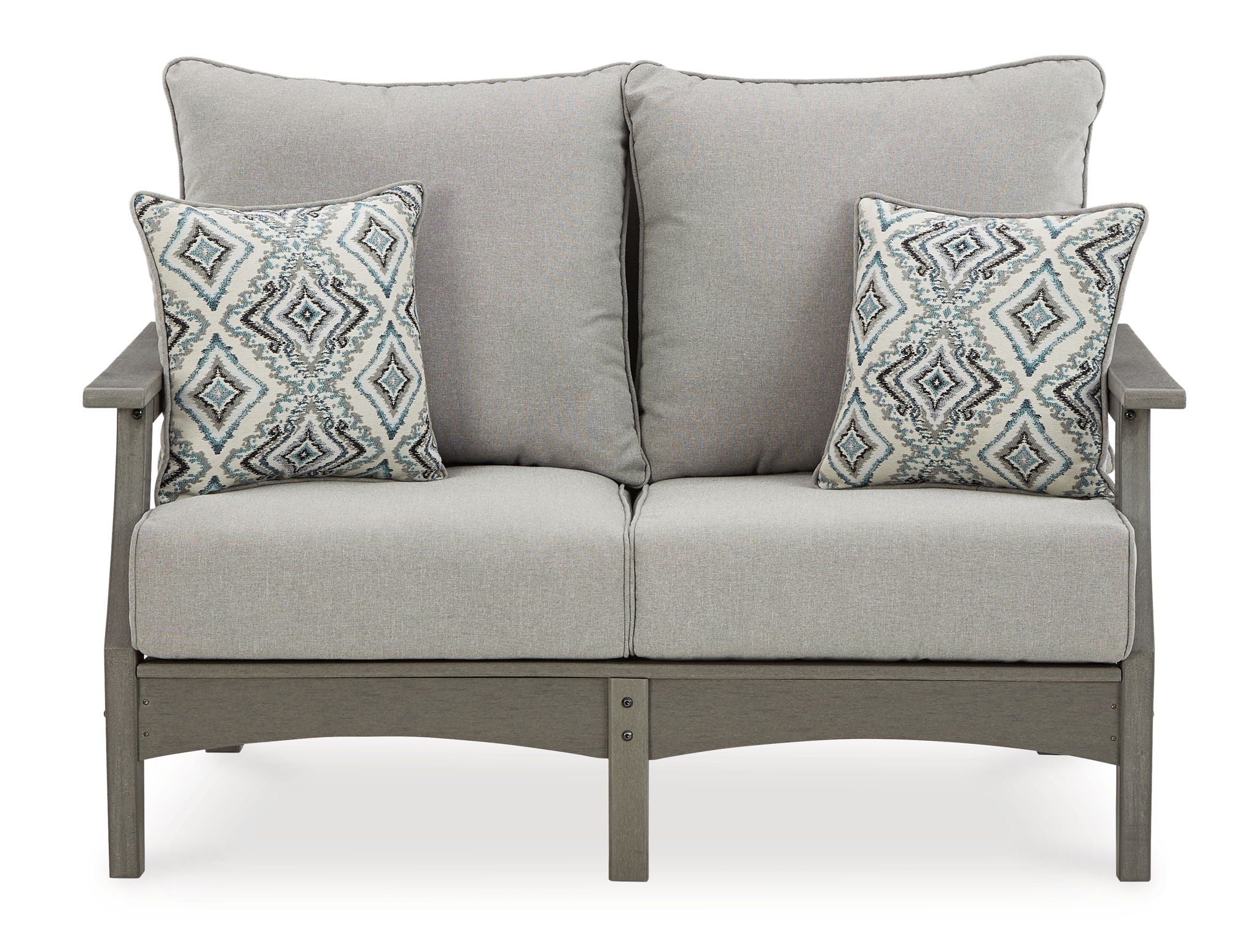 Gray outdoor sofa with two back pillows and two diamond-pattern throw pillows