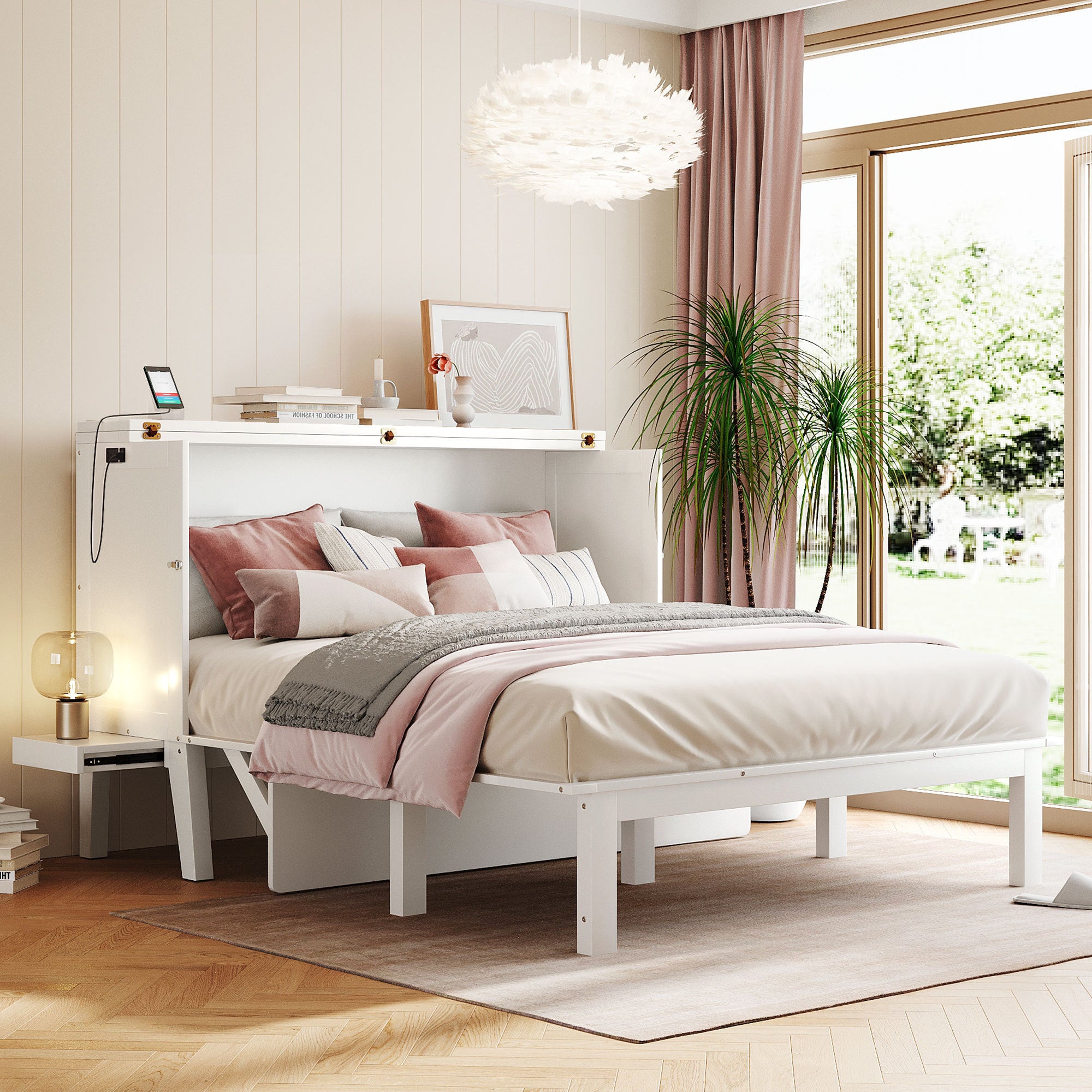 Queen Size Murphy Bed with USB, Removable Side Shelves - White