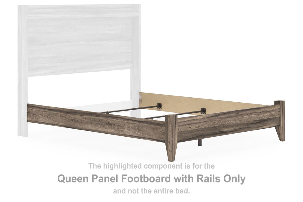 Elbrim queen panel footboard with rails in dark brown wood, paneled design