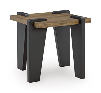 Weathermore rectangular table with wood tabletop and black legs, corner pads