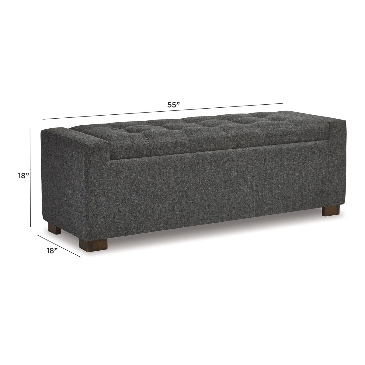 Gray upholstered storage bench with tufted seat and dark wooden legs