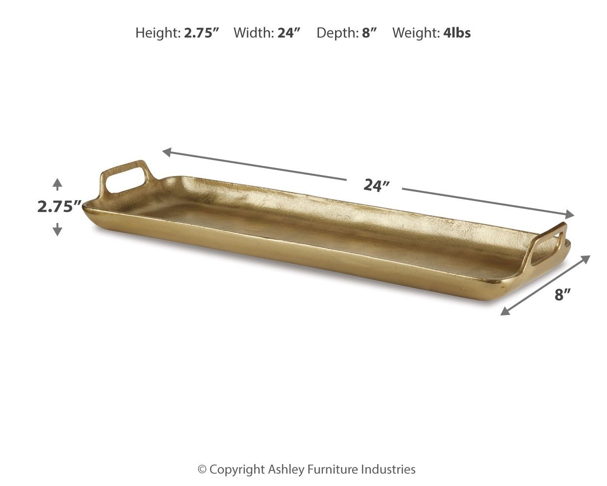 Gold-finish tray dimensions: 24 in long, 8 in deep, 2.75 in high