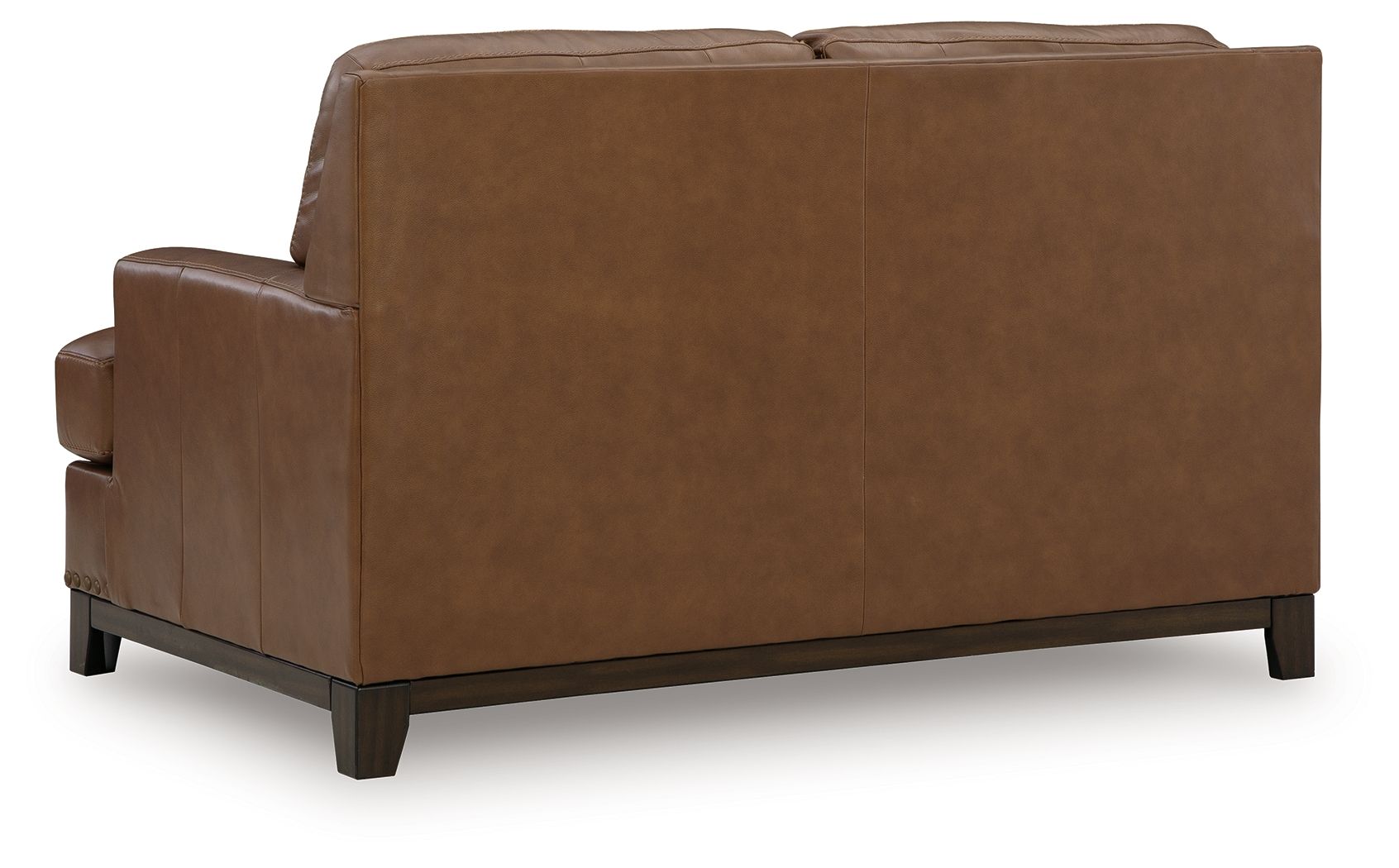 Brown loveseat sofa side view with rolled arm, nailhead trim, and dark wooden legs