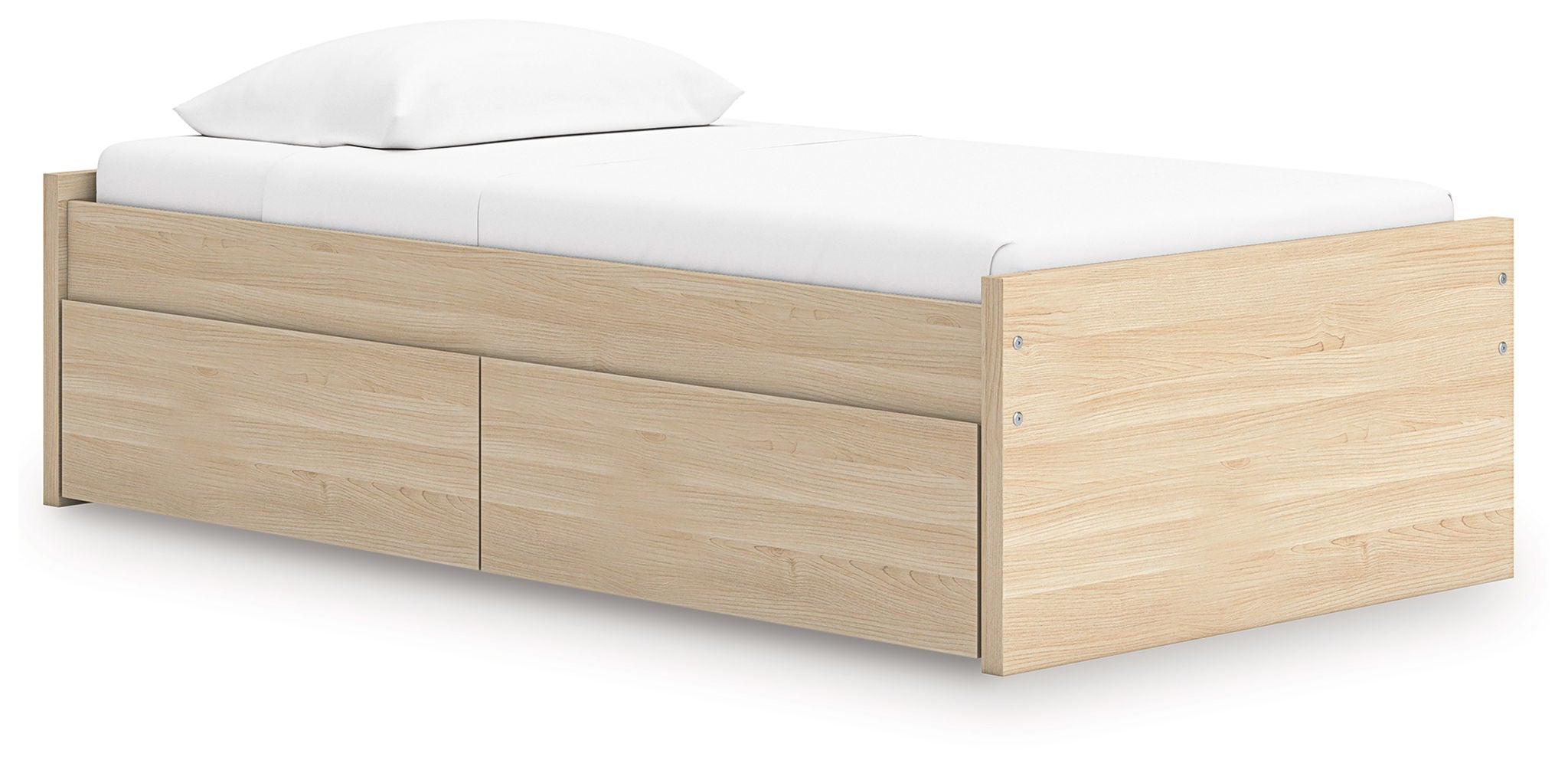 Light brown platform bed with two front cabinet panels and slatted base, upholstered-ready frame