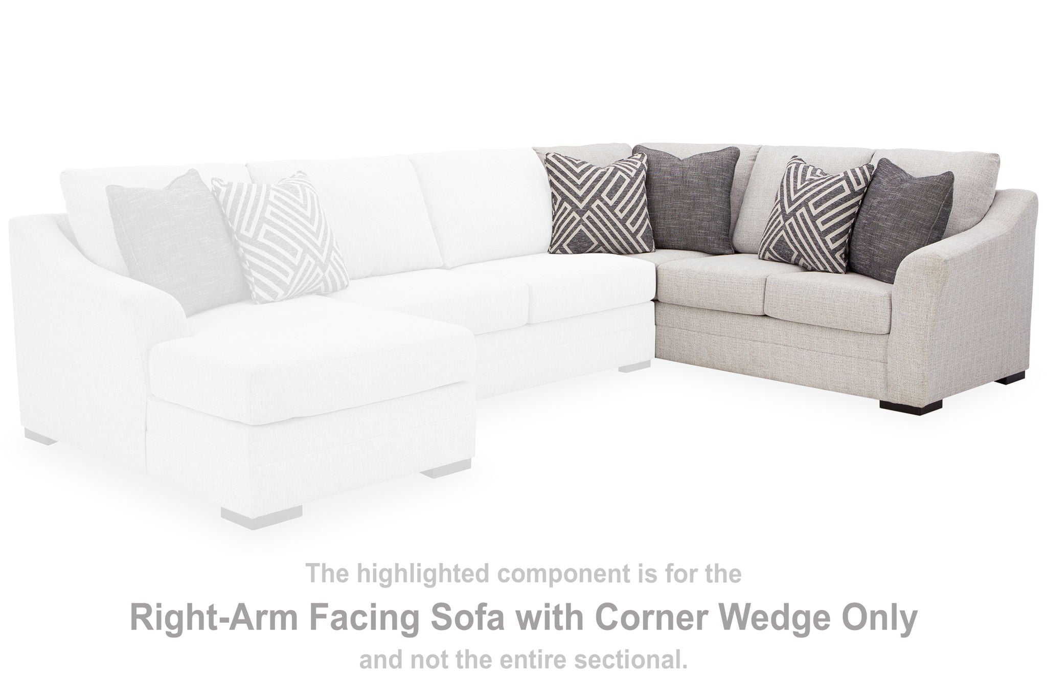 Right-arm corner wedge sofa section in white fabric with patterned cushions