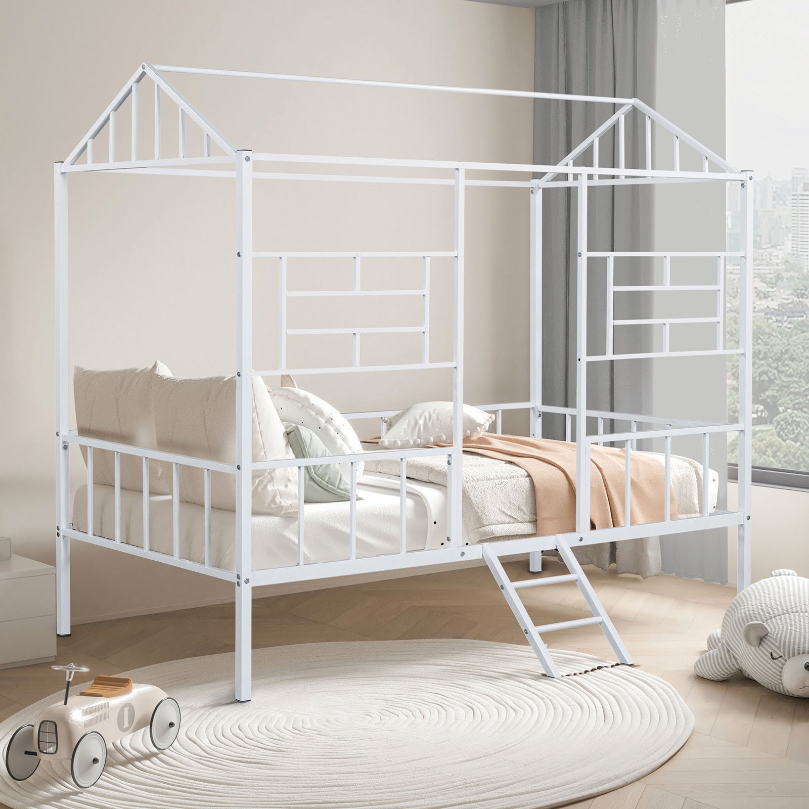 Contemporary White Metal Twin Bunk Bed, House Design, Angled Ladder