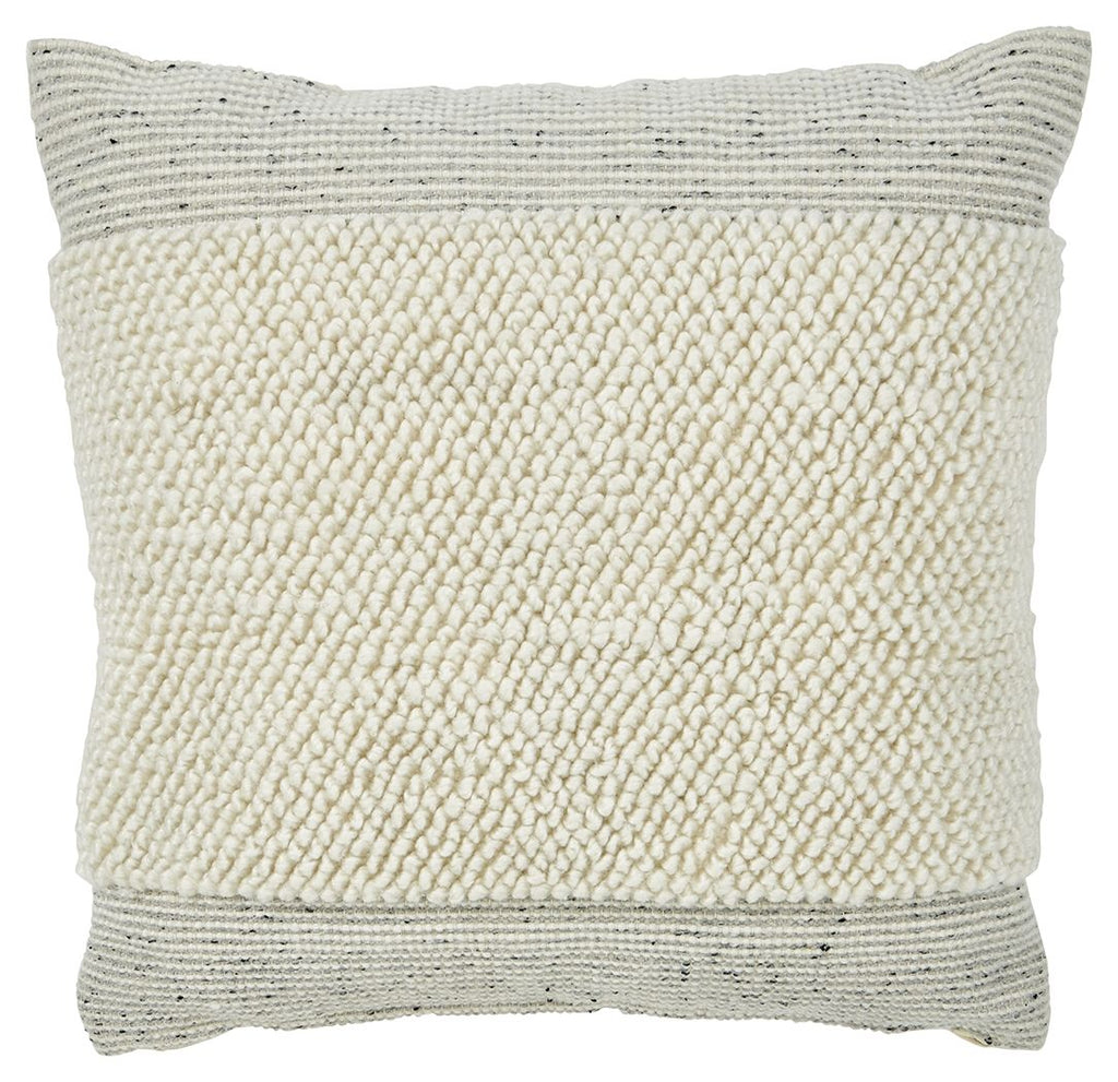 Textured square pillow, cream with gray trim and stitched border