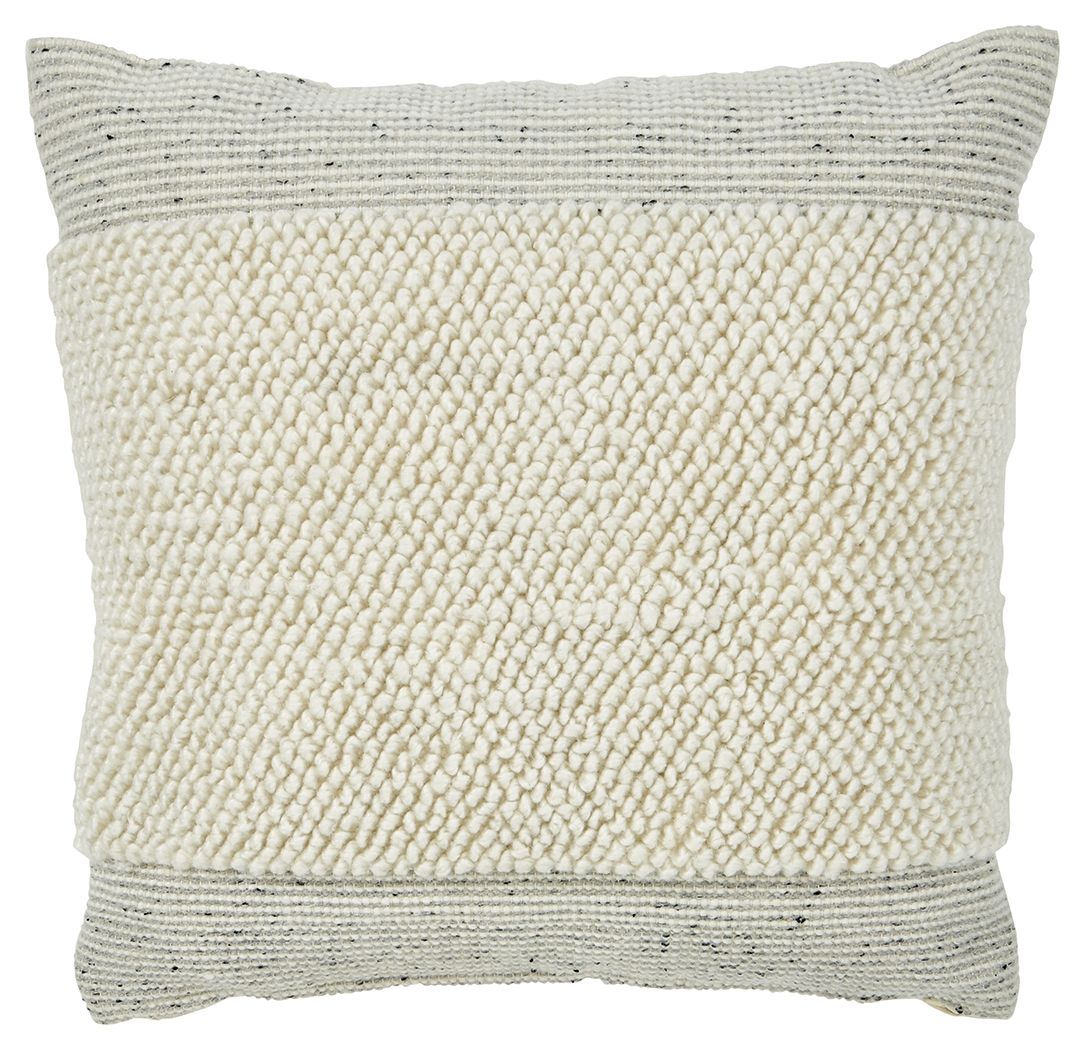 Textured square pillow, cream with gray trim and stitched border