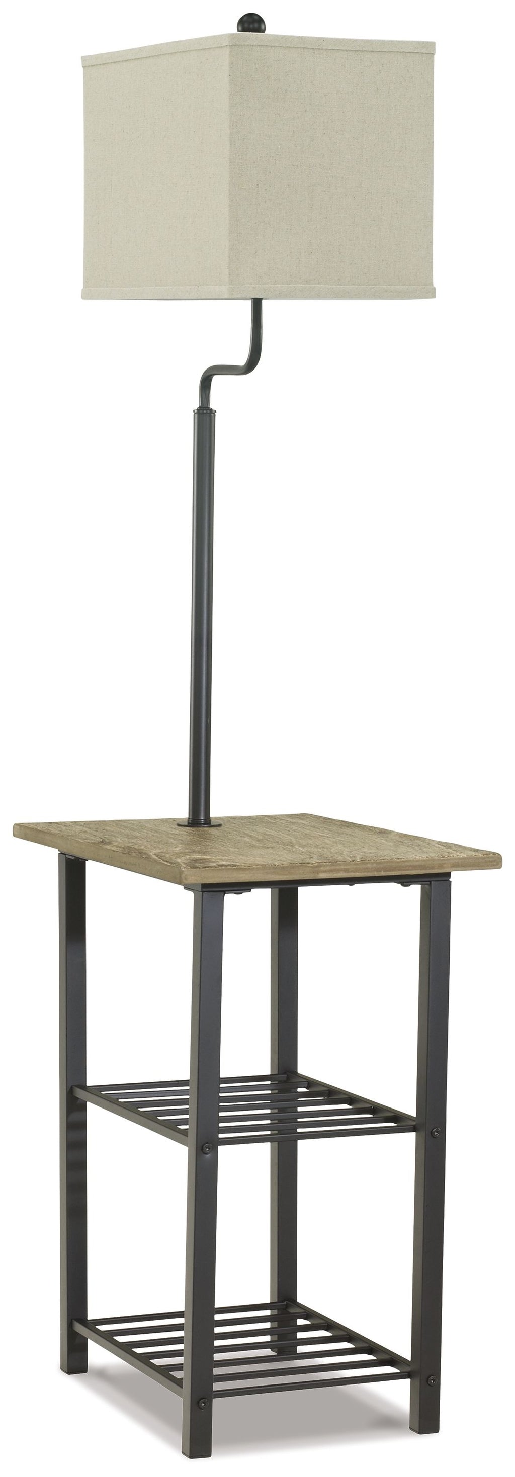 Black metal tray table lamp with square beige shade and lower wire shelf