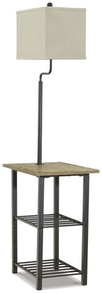 Black metal tray table lamp with square beige shade and lower wire shelf