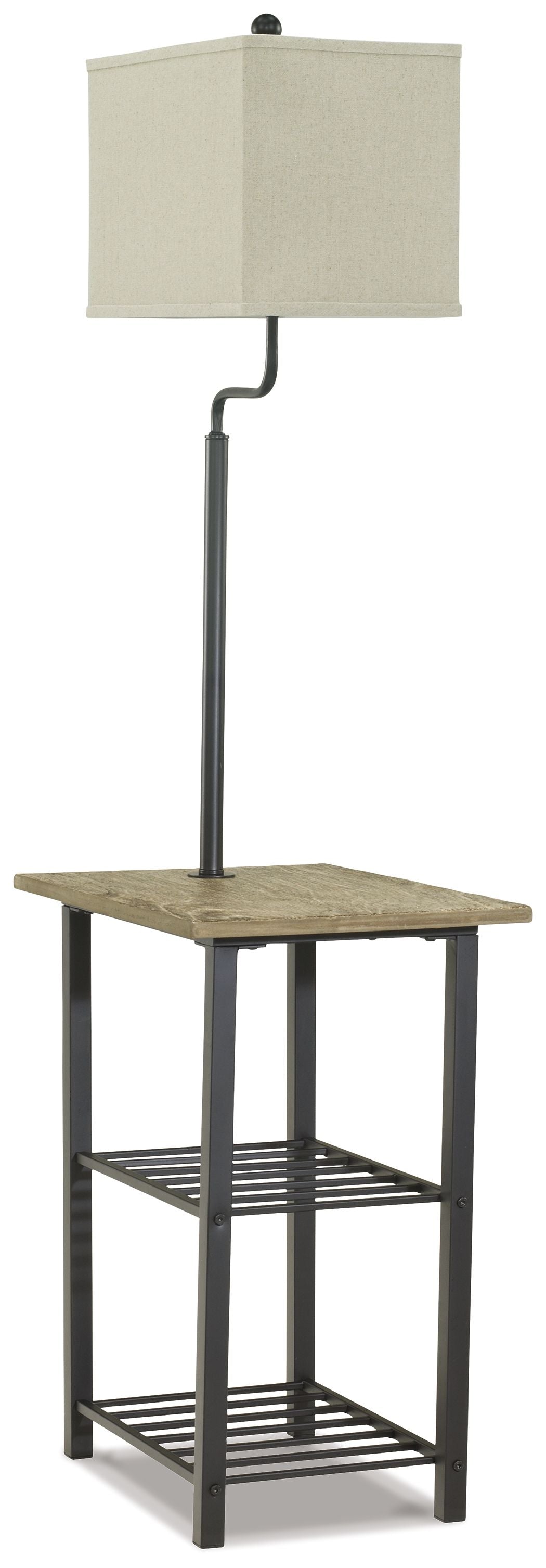Black metal tray table lamp with square beige shade and lower wire shelf