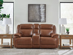 Chocolate brown power reclining loveseat with console, adjustable headrests, and armrests