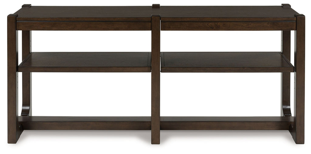 Dark brown sofa table with rectangular frame and two open side shelves