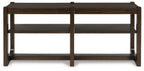 Dark brown sofa table with rectangular frame and two open side shelves