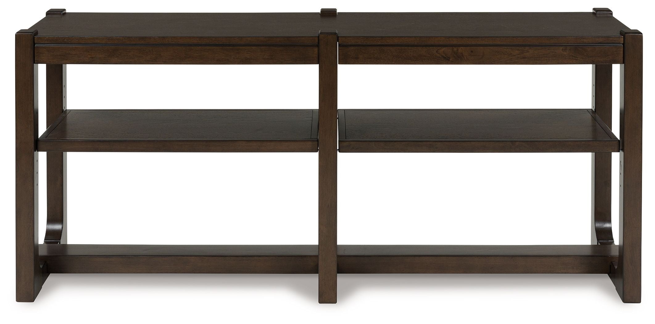 Dark brown sofa table with rectangular frame and two open side shelves