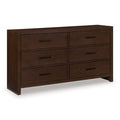 Brown wooden dresser with six drawers and dark metal handles.