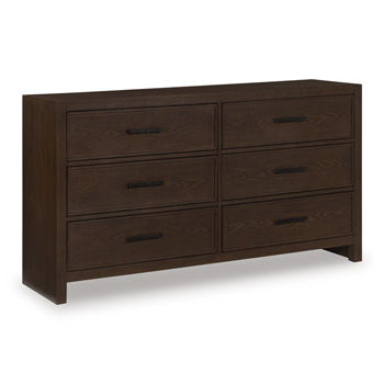 Brown wooden dresser with six drawers and dark metal handles.