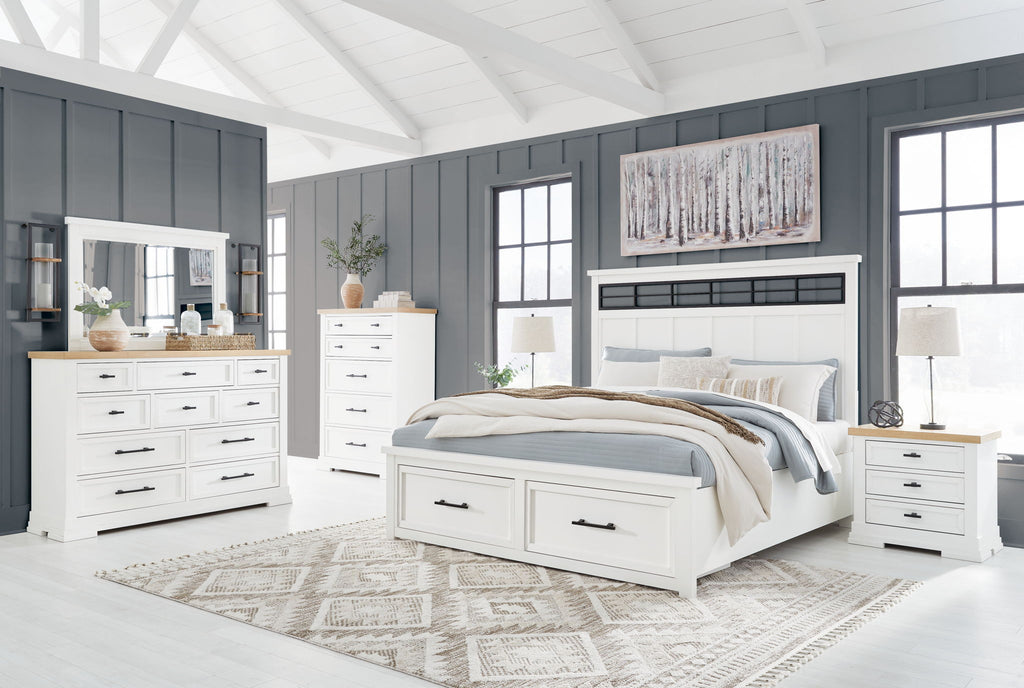 White bedroom set with panel storage dresser, mirror, and bed