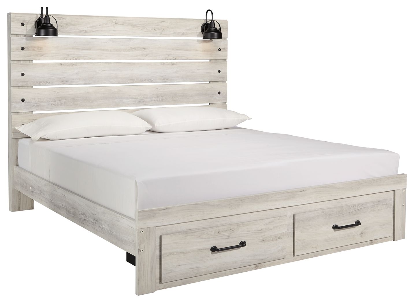 Cambeck panel bed with single drawer, beige wood, slatted headboard, white mattress.