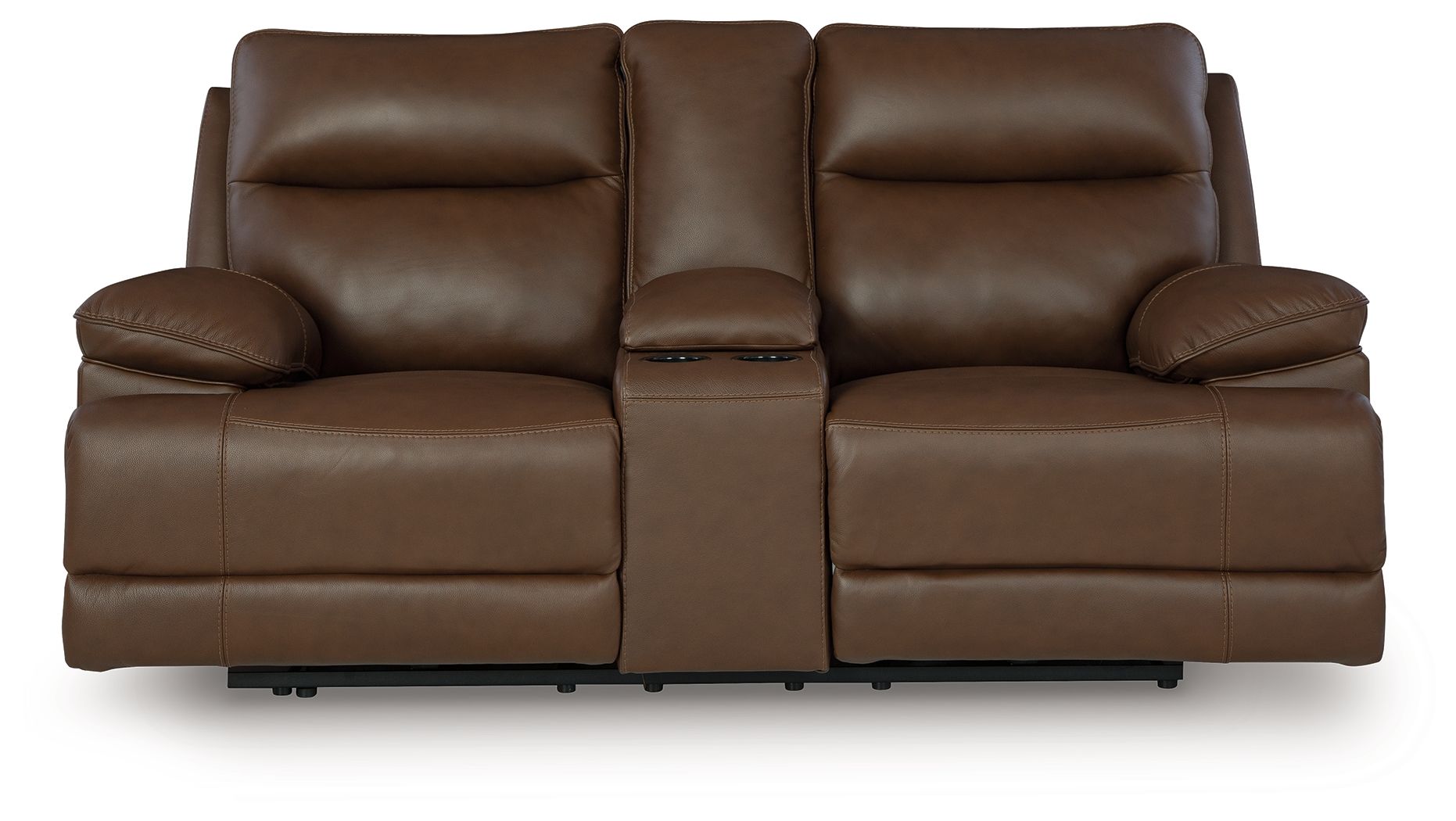 Power reclining loveseat in dark brown leather with console and padded armrests
