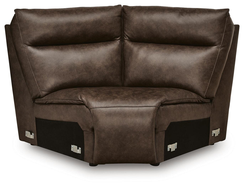 Chocolate brown upholstered wedge sofa with rolled arms and cushioned backrest